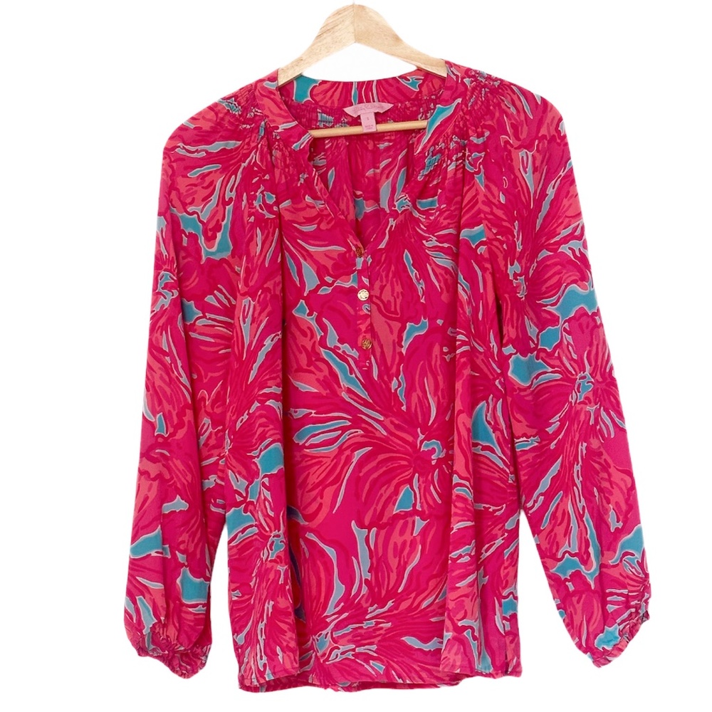 Lilly Pulitzer Silk Elsa Blouse Pink Blue Floral Top Shirt — S